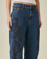 Womens Jeans Special Fit Barrel Super High Rise Cotton Comfort Dark Wash Floral Embroidery - Blue 63_431H018_AZU194052_5