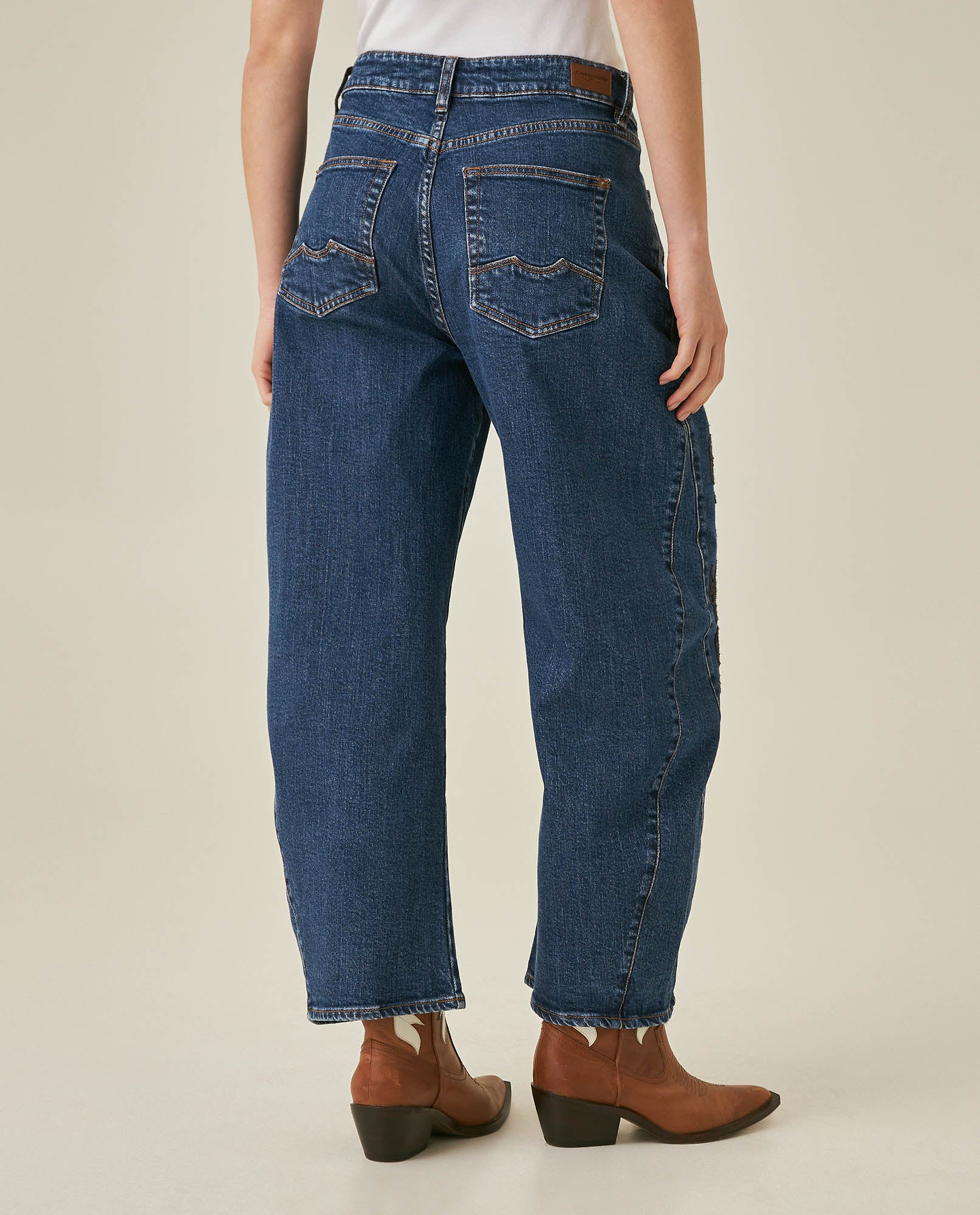 Womens Jeans Special Fit Barrel Super High Rise Cotton Comfort Dark Wash Floral Embroidery - Blue 63_431H018_AZU194052_6