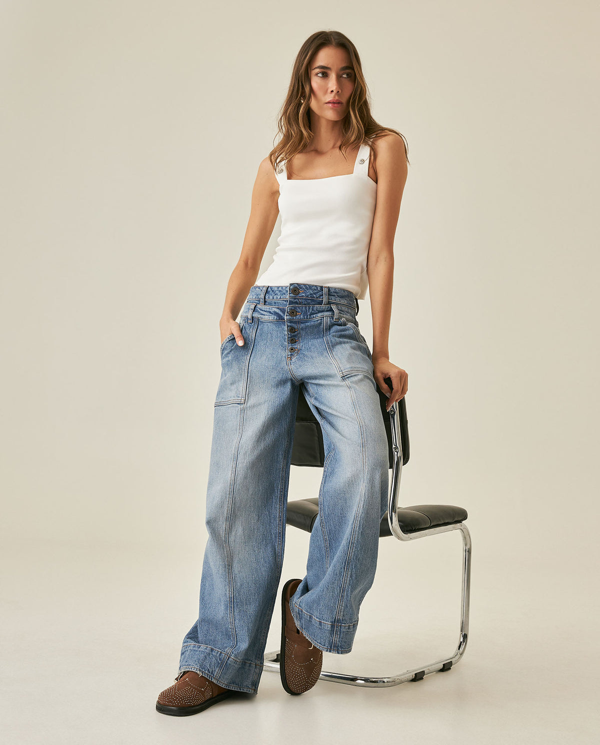 Womens Jeans Special Fit Wide Leg High Rise Cotton Comfort Dark Wash Cargo Double Waistband Architectural - Blue 63_431H023_AZU194052_4
