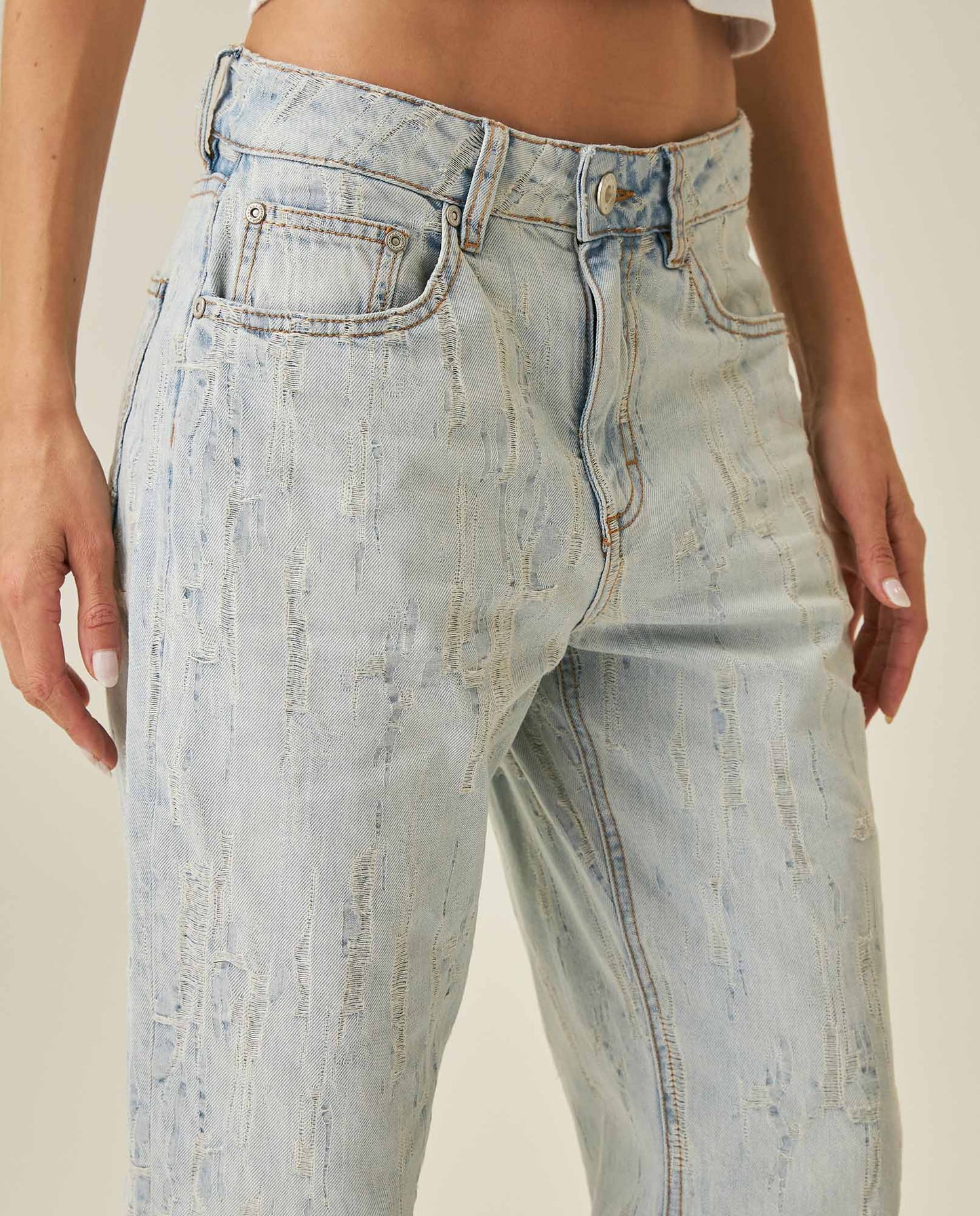 Womens Jeans Straight Fit Super High Rise Cotton Non-Stretch Light Wash Destroy Effect Set Embroidered - Blue 63_431H026_AZU154020_5