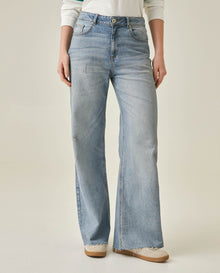 Womens Jeans Wide Leg Relaxed High Rise Cotton–Tencel Blend Light Wash Powdered Effect Notable Distressing - Blue 63_431H027_AZU154020_0