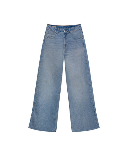 Womens Jeans Wide Leg Relaxed High Rise Cotton–Tencel Blend Light Wash Powdered Effect Notable Distressing - Blue 63_431H027_AZU154020_3