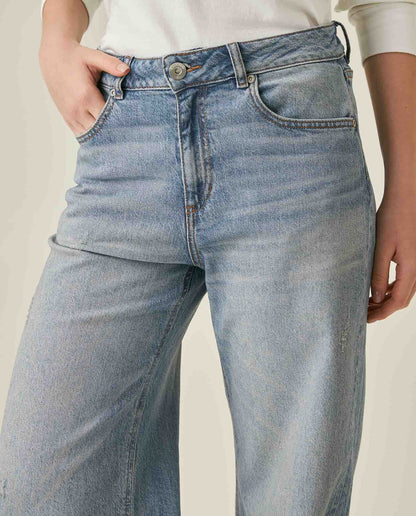 Womens Jeans Wide Leg Relaxed High Rise Cotton–Tencel Blend Light Wash Powdered Effect Notable Distressing - Blue 63_431H027_AZU154020_5