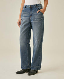 Womens Jeans Straight Wide Fit Wide Hem Super High Rise Cotton Comfort Medium Wash Destroyer Effect Diagonal Pockets - Blue 63_431H028_AZU184140_0