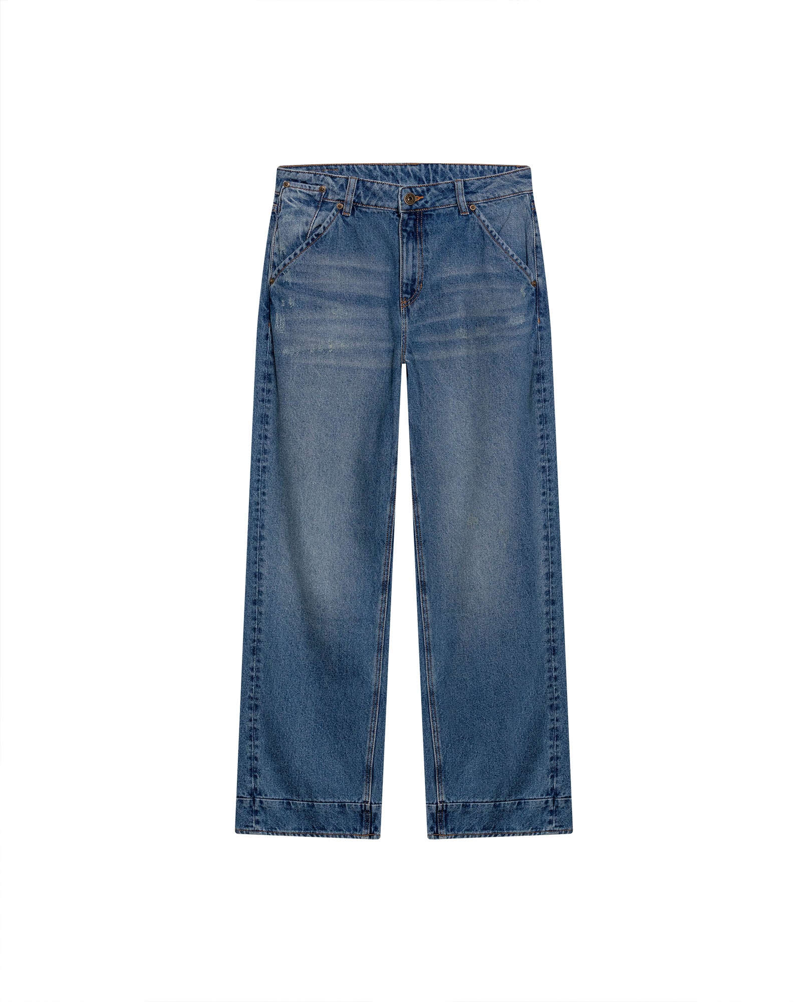 Womens Jeans Straight Wide Fit Wide Hem Super High Rise Cotton Comfort Medium Wash Destroyer Effect Diagonal Pockets - Blue 63_431H028_AZU184140_3