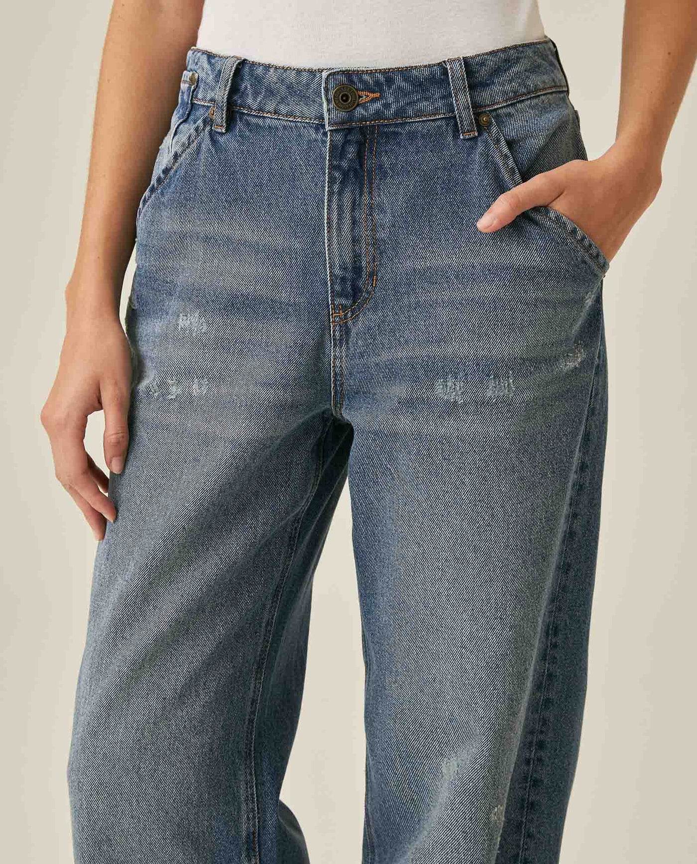 Womens Jeans Straight Wide Fit Wide Hem Super High Rise Cotton Comfort Medium Wash Destroyer Effect Diagonal Pockets - Blue 63_431H028_AZU184140_5