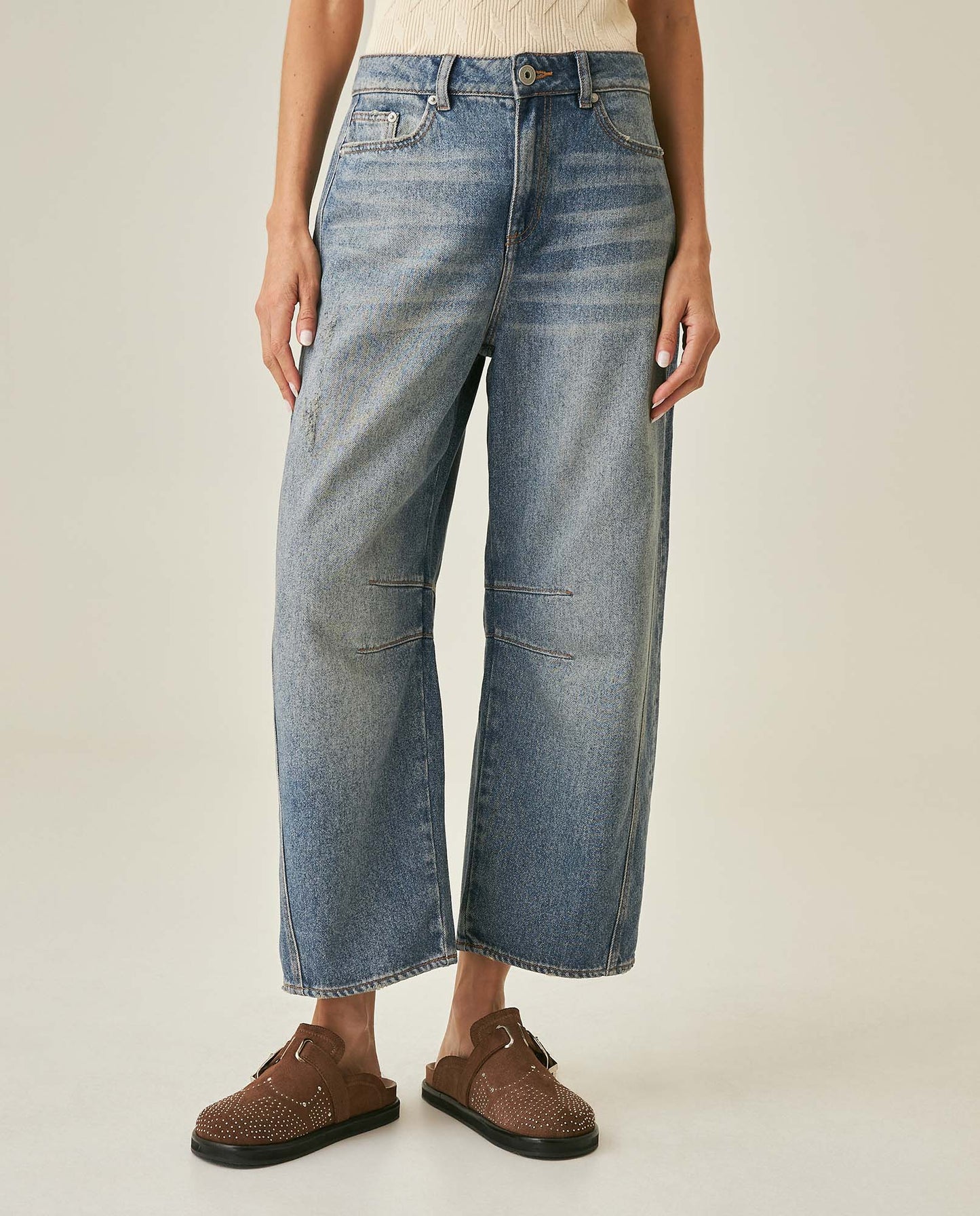 Womens Jeans Special Fit Barrel Crop Super High Rise Lyocell–Cotton Blend Medium Wash Notable Distressing Whiskering - Blue 63_431H029_AZU154020_0