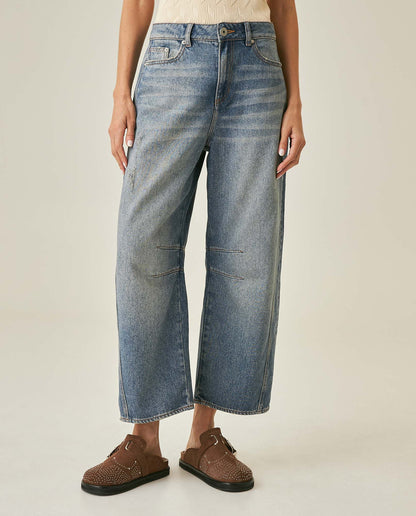 Womens Jeans Special Fit Barrel Crop Super High Rise Lyocell–Cotton Blend Medium Wash Notable Distressing Whiskering - Blue 63_431H029_AZU154020_0