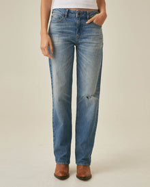 Womens Jeans Straight Relaxed Fit High Rise Cotton Comfort Medium Wash Piqué Texture Rips - Blue 63_431H031_AZU184140_0