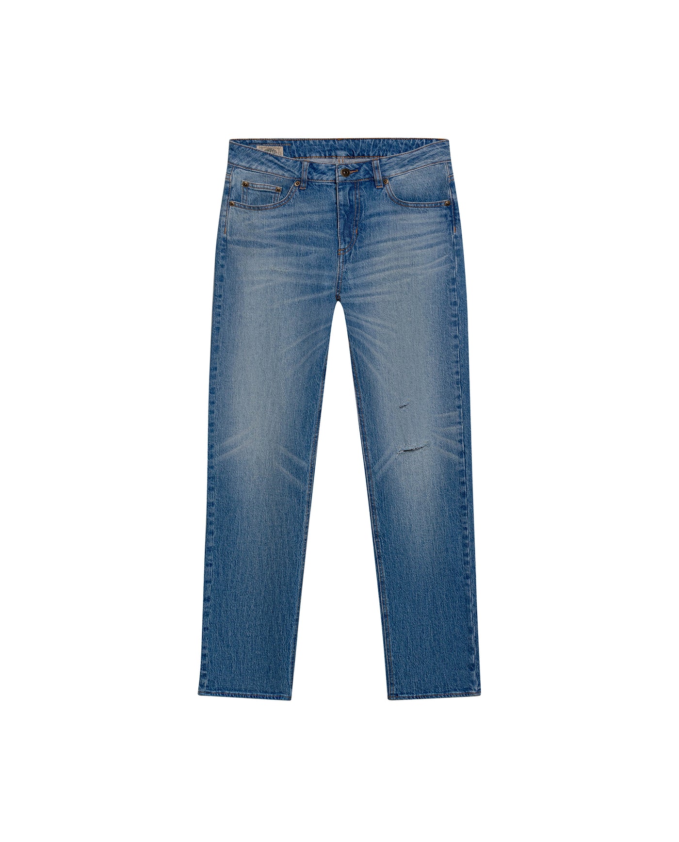 Womens Jeans Straight Relaxed Fit High Rise Cotton Comfort Medium Wash Piqué Texture Rips - Blue 63_431H031_AZU184140_3