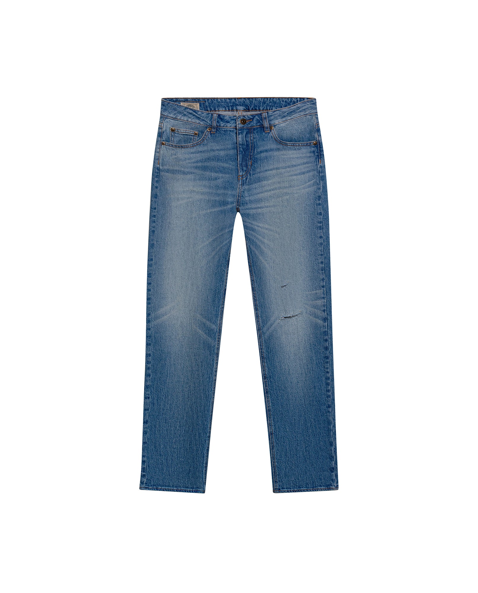 Womens Jeans Straight Relaxed Fit High Rise Cotton Comfort Medium Wash Piqué Texture Rips - Blue 63_431H031_AZU184140_3