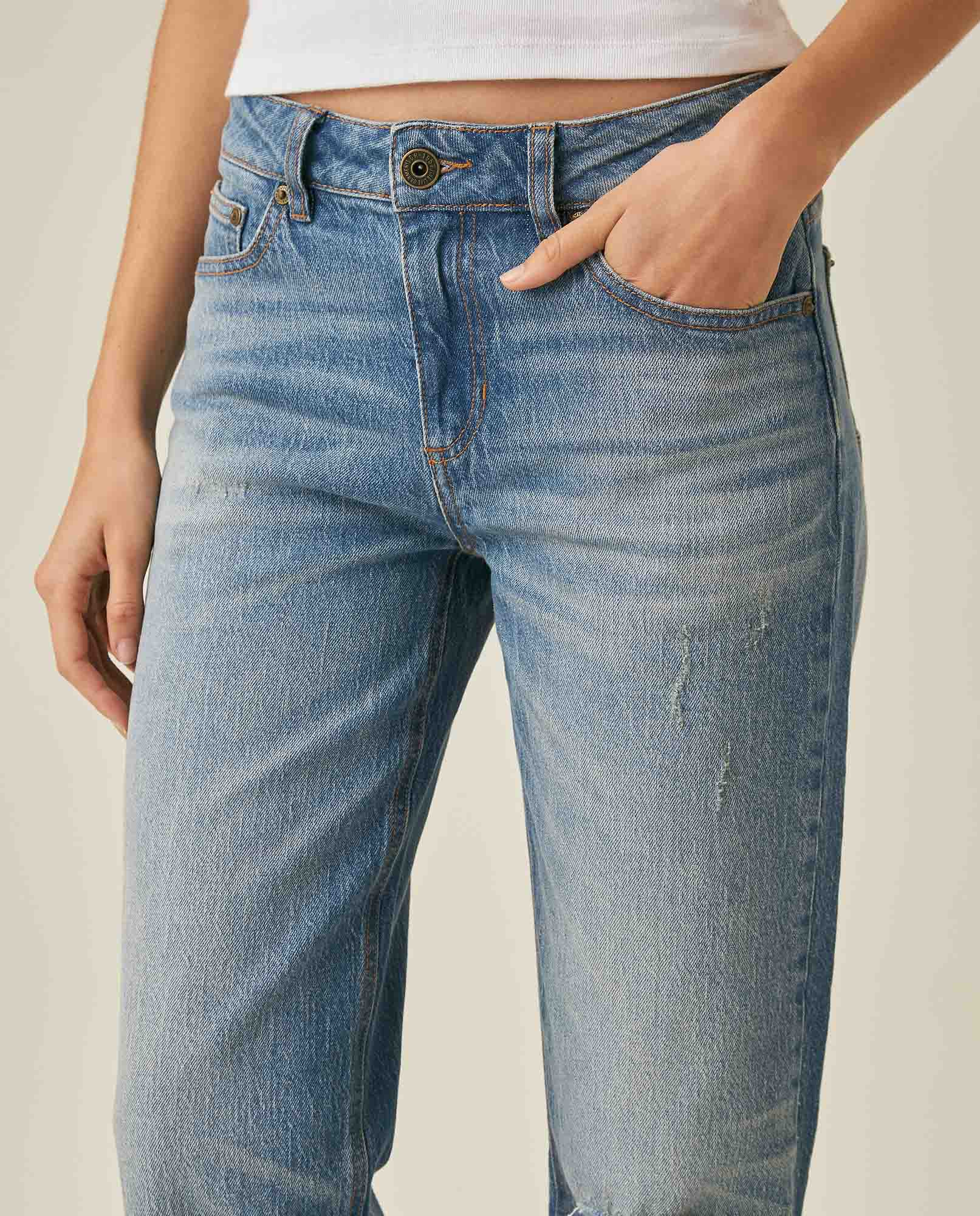 Womens Jeans Straight Relaxed Fit High Rise Cotton Comfort Medium Wash Piqué Texture Rips - Blue 63_431H031_AZU184140_5