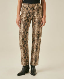Womens Jeans Special Fit Straight Relaxed High Rise Cotton Non-Stretch Raw Sand Wash Python Print Total Embroidered - Brown 63_431H032_CAF171316_0