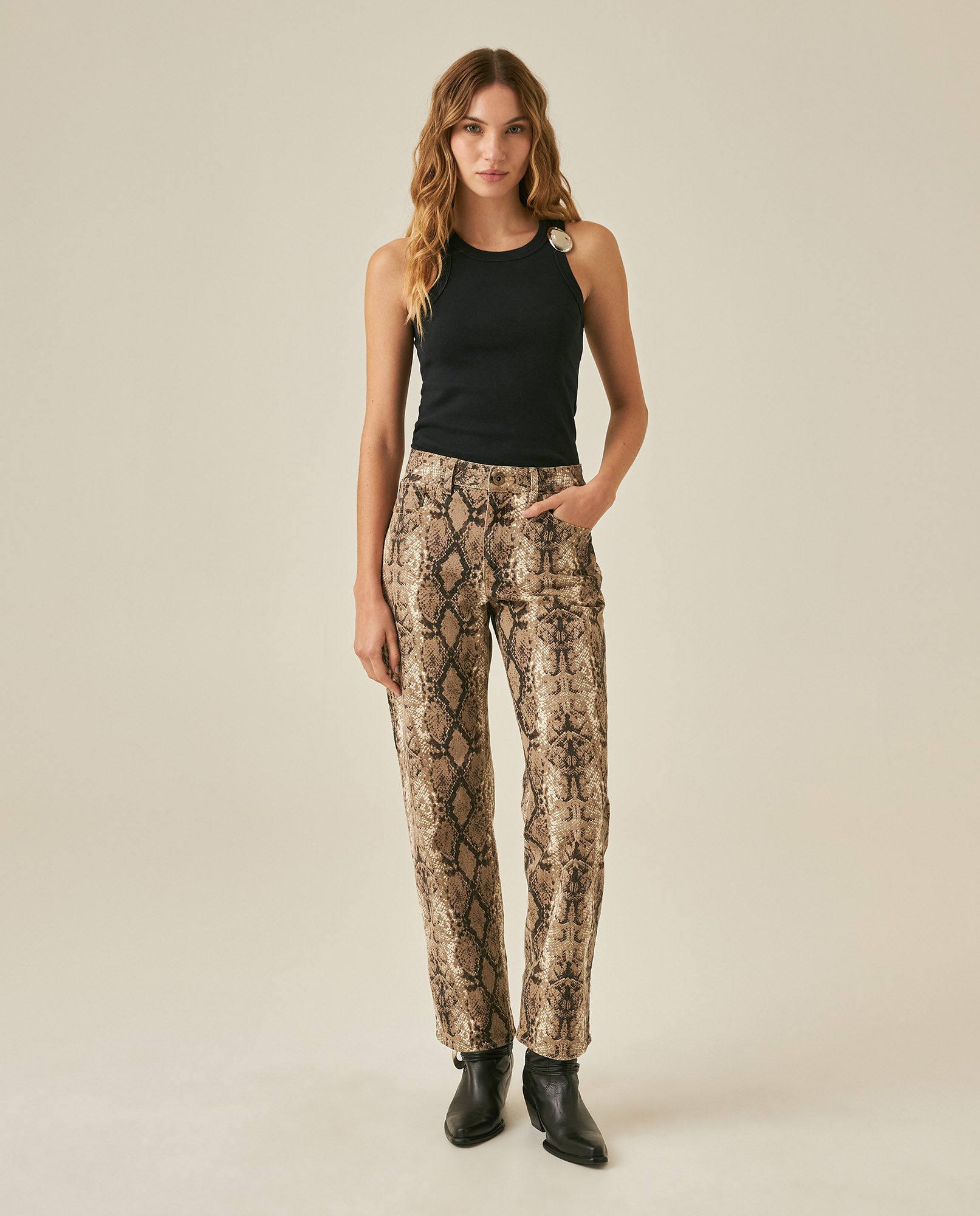 Womens Jeans Special Fit Straight Relaxed High Rise Cotton Non-Stretch Raw Sand Wash Python Print Total Embroidered - Brown 63_431H032_CAF171316_4