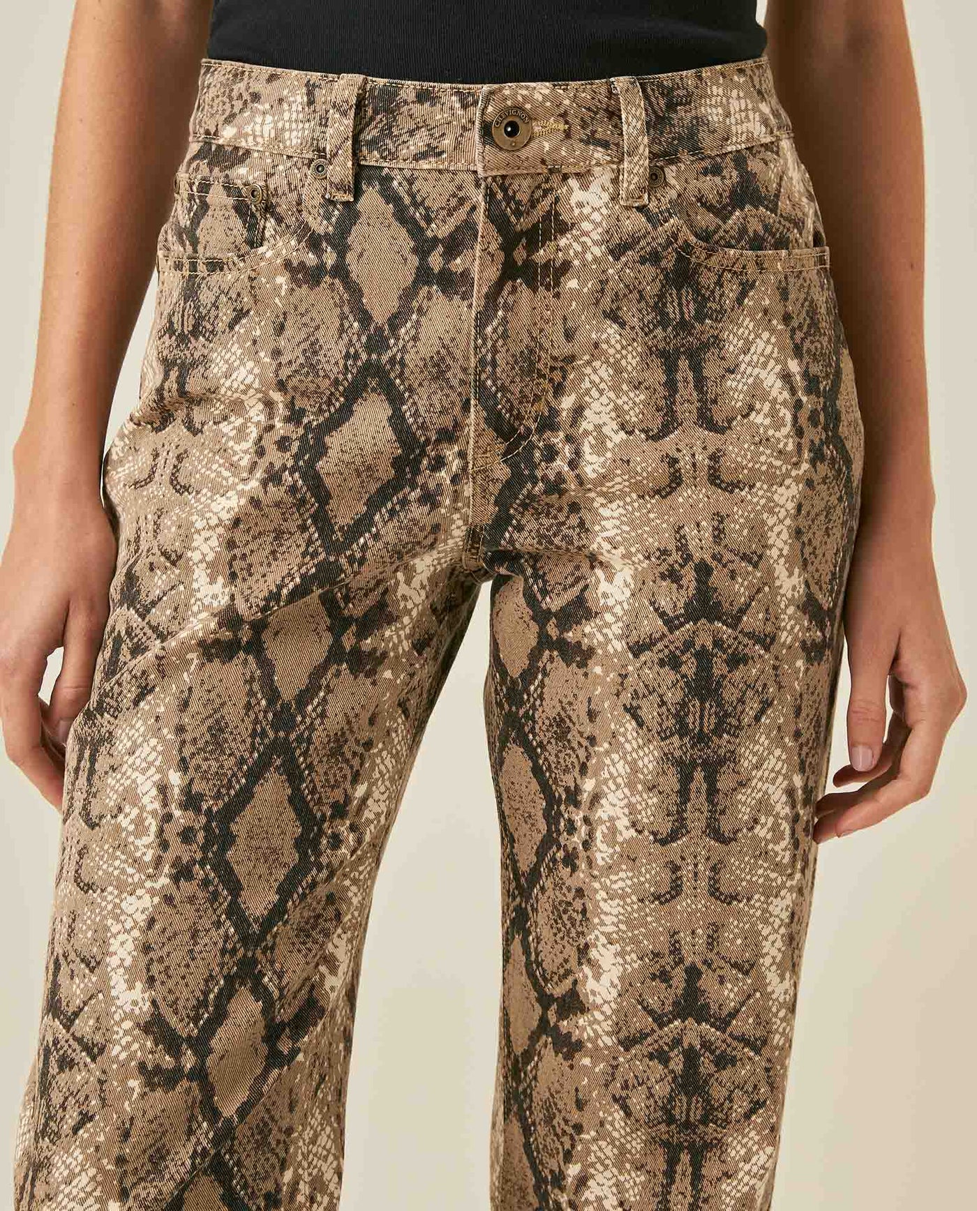 Womens Jeans Special Fit Straight Relaxed High Rise Cotton Non-Stretch Raw Sand Wash Python Print Total Embroidered - Brown 63_431H032_CAF171316_5