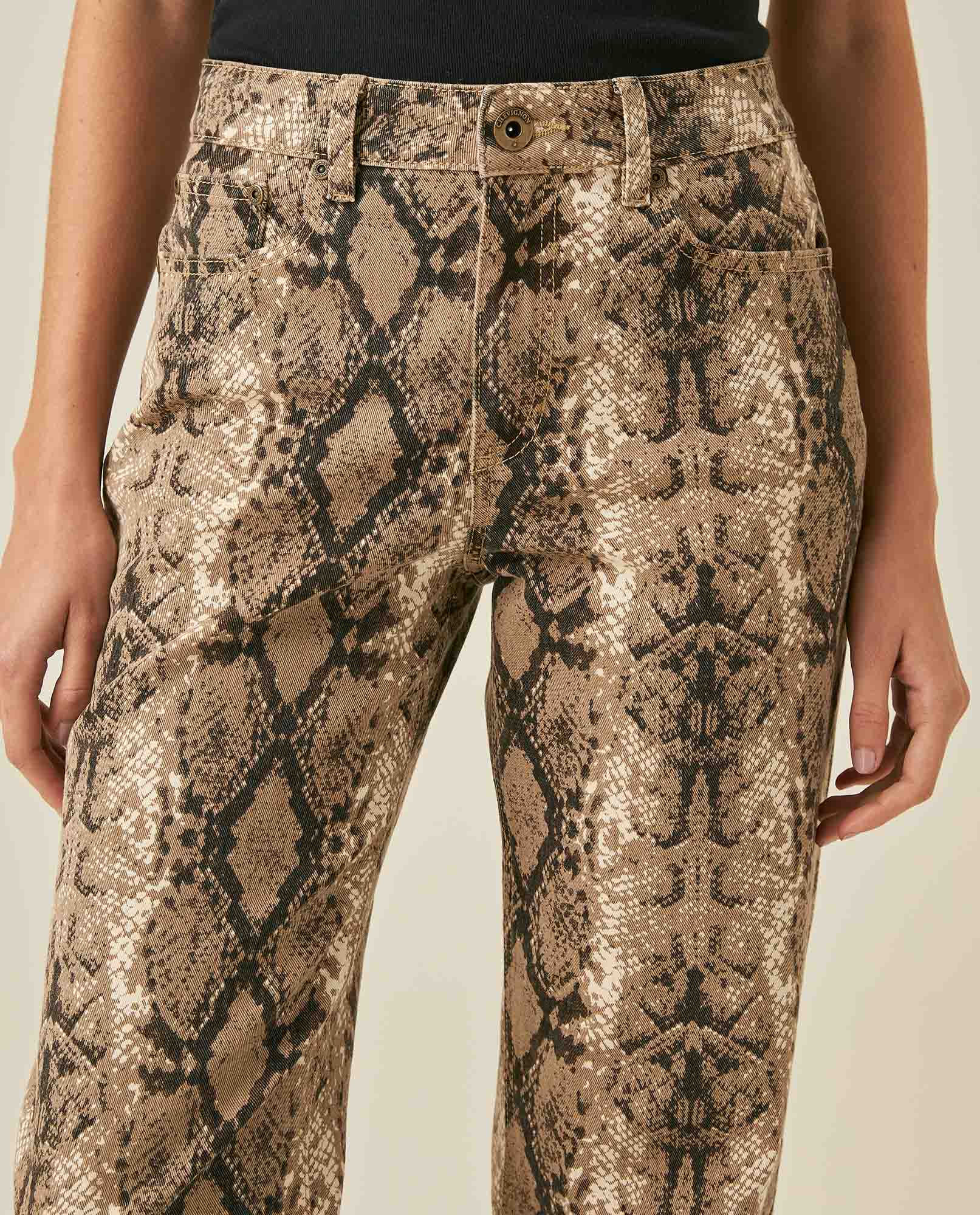 Womens Jeans Special Fit Straight Relaxed High Rise Cotton Non-Stretch Raw Sand Wash Python Print Total Embroidered - Brown 63_431H032_CAF171316_5