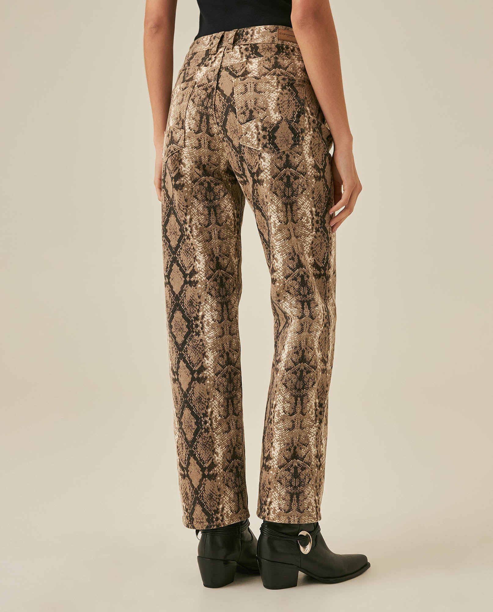 Womens Jeans Special Fit Straight Relaxed High Rise Cotton Non-Stretch Raw Sand Wash Python Print Total Embroidered - Brown 63_431H032_CAF171316_6