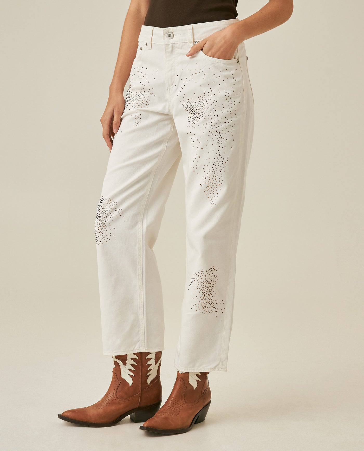 Womens Jeans Straight Crop Fit Relaxed High Rise Cotton Non-Stretch Classic Wash Scattered Rhinestones - Mothers - Raw 63_431H130_CRU134403_0