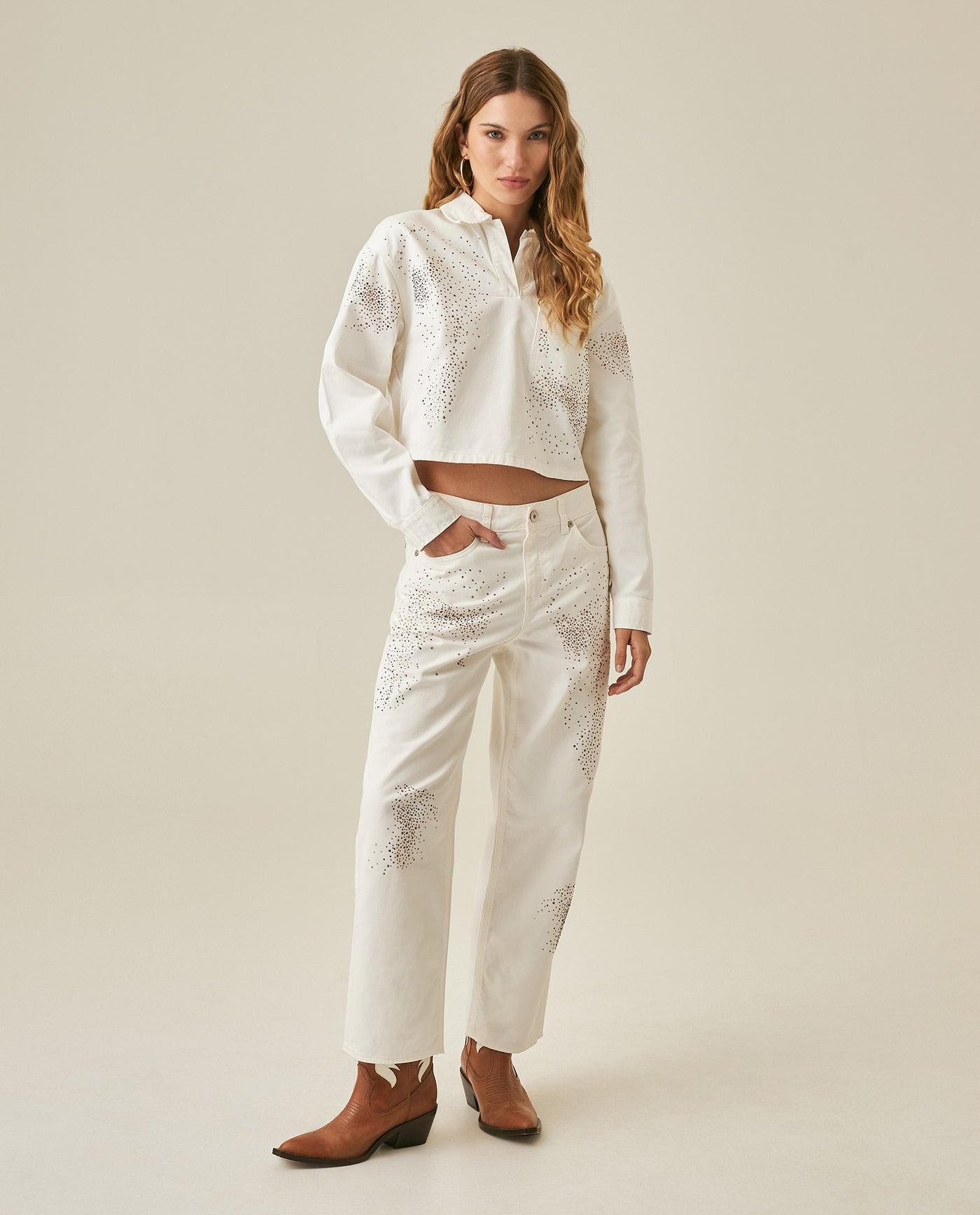 Womens Jeans Straight Crop Fit Relaxed High Rise Cotton Non-Stretch Classic Wash Scattered Rhinestones - Mothers - Raw 63_431H130_CRU134403_4