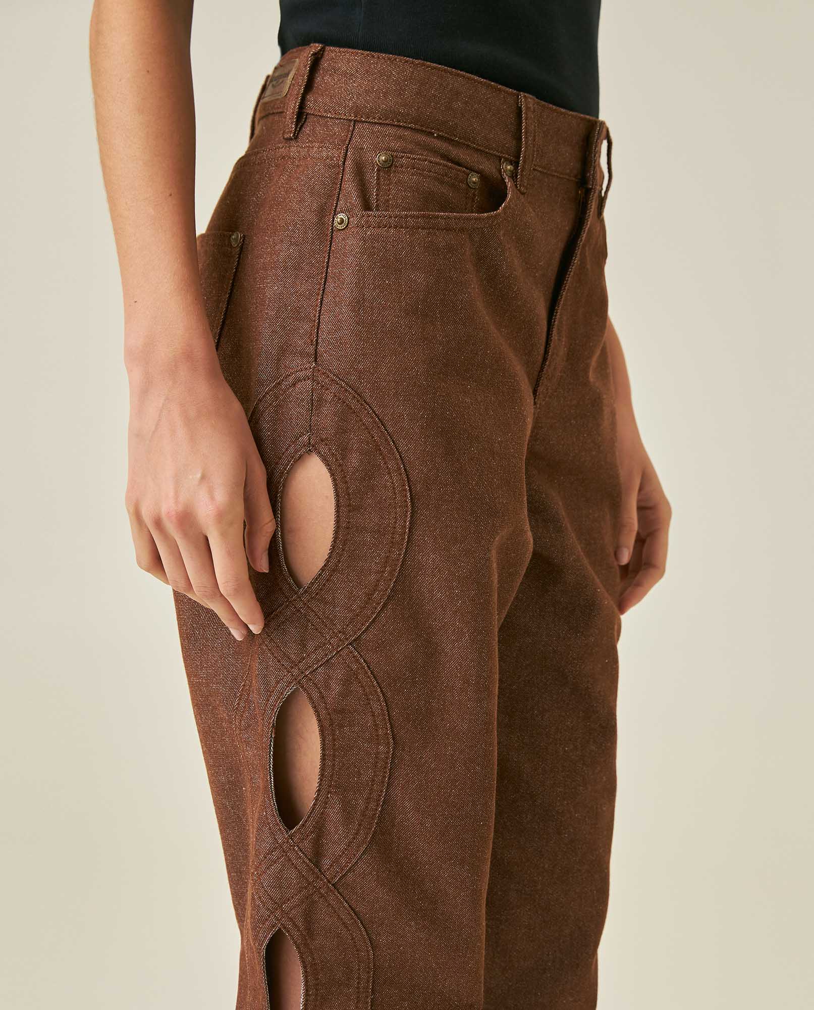 Womens Jeans Special Fit Straight Super High Rise Cotton–Polyester Lurex Coffee Wash Side Oval Cuts Mesh - Mothers - Brown 63_431H131_CAF191241_5