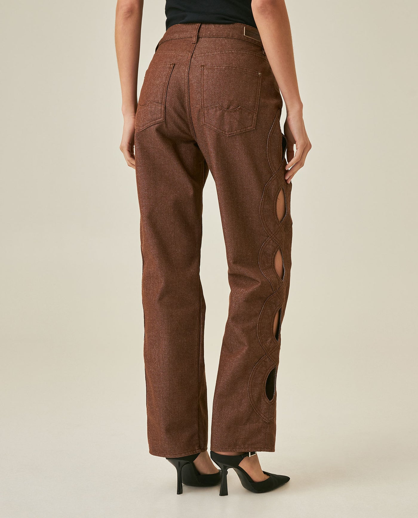 Womens Jeans Special Fit Straight Super High Rise Cotton–Polyester Lurex Coffee Wash Side Oval Cuts Mesh - Mothers - Brown 63_431H131_CAF191241_6