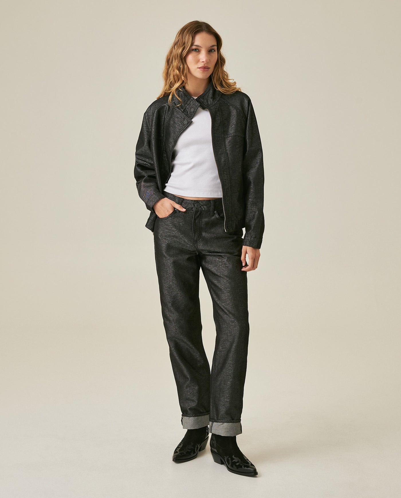 Womens Jeans Straight Relaxed Fit High Rise Cotton–Polyester Sheen Black Wash Elegant - Mothers - Black 63_431H132_NEG194004_4