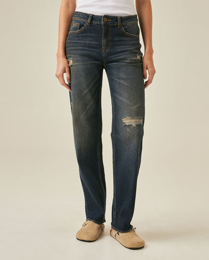 Womens Heritage Jeans Straight Relaxed Fit Mid Rise Cotton Comfort Dark Wash Rips Subtle Distressing - Blue 63_431H451_AZU194052_0