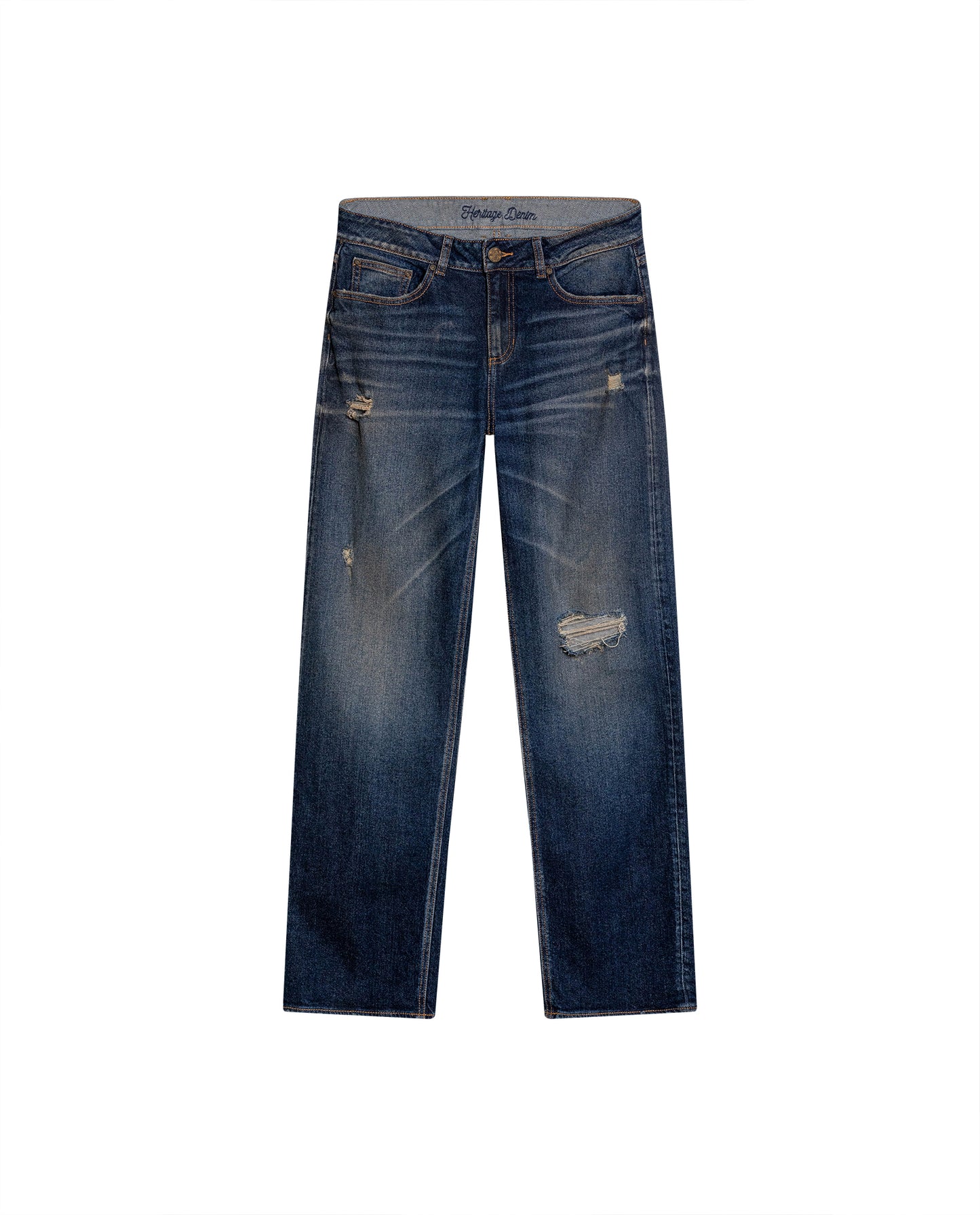 Womens Heritage Jeans Straight Relaxed Fit Mid Rise Cotton Comfort Dark Wash Rips Subtle Distressing - Blue 63_431H451_AZU194052_3