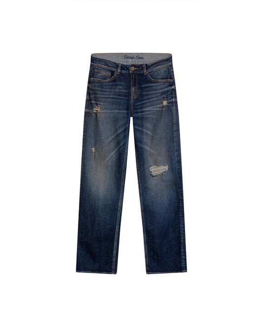 Womens Heritage Jeans Straight Relaxed Fit Mid Rise Cotton Comfort Dark Wash Rips Subtle Distressing - Blue 63_431H451_AZU194052_3