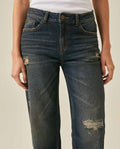 Womens Heritage Jeans Straight Relaxed Fit Mid Rise Cotton Comfort Dark Wash Rips Subtle Distressing - Blue 63_431H451_AZU194052_5