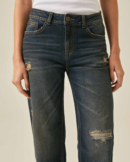 Womens Heritage Jeans Straight Relaxed Fit Mid Rise Cotton Comfort Dark Wash Rips Subtle Distressing - Blue 63_431H451_AZU194052_5