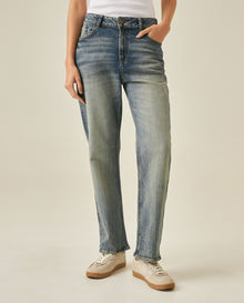 Womens Heritage Jeans Boy Fit Bootcut Mid Rise Cotton Blend Medium Wash Distressing Powdered Whiskering - Blue 63_431H452_AZU154020_0