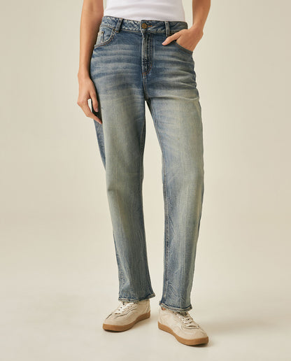 Womens Heritage Jeans Boy Fit Bootcut Mid Rise Cotton Blend Medium Wash Distressing Powdered Whiskering - Blue 63_431H452_AZU154020_0