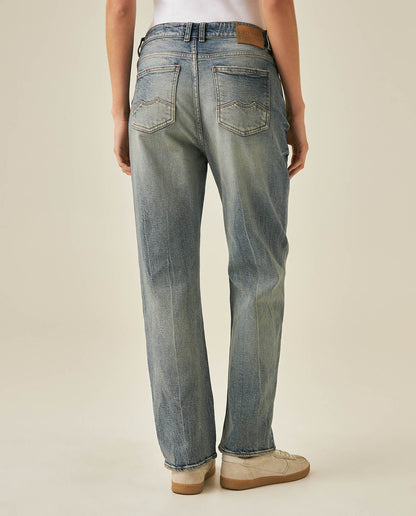 Womens Heritage Jeans Boy Fit Bootcut Mid Rise Cotton Blend Medium Wash Distressing Powdered Whiskering - Blue 63_431H452_AZU154020_6