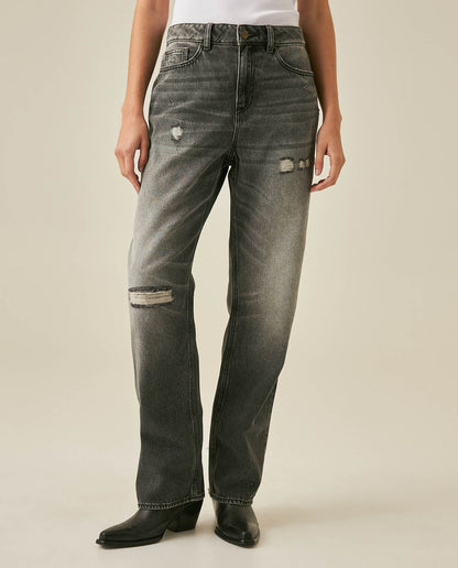 Womens Heritage Jeans Straight Relaxed Fit Super High Rise Lyocell–Cotton Blend Gray Wash Rips Premium Drape - Gray 63_431H453_GRI145002_0