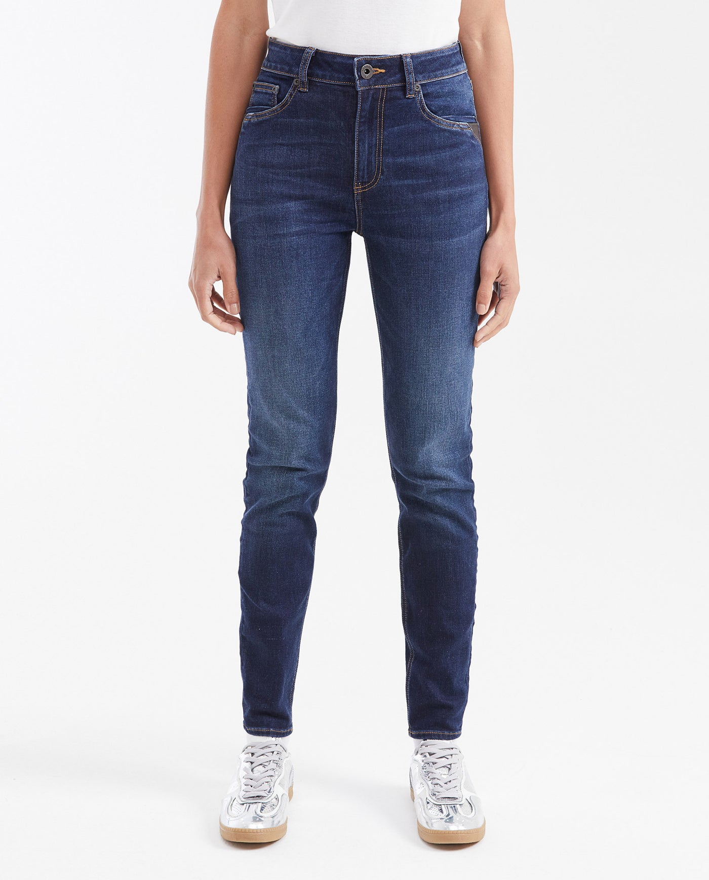 Women's High Cosmo Super High Rise Skinny Jeans in Ultra Dark with Leather Pocket Detail - 1