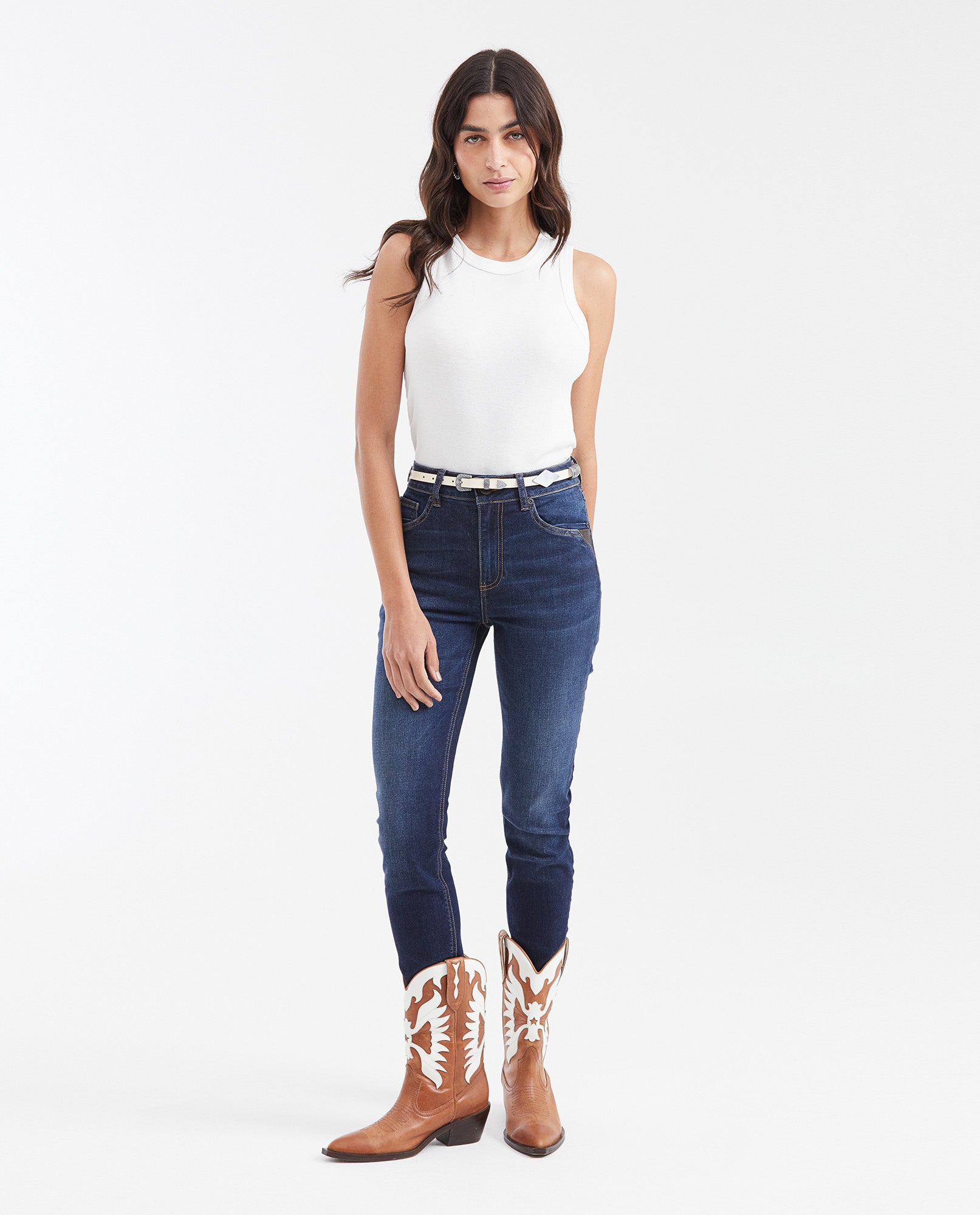 Women's High Cosmo Super High Rise Skinny Jeans in Ultra Dark with Leather Pocket Detail - 2