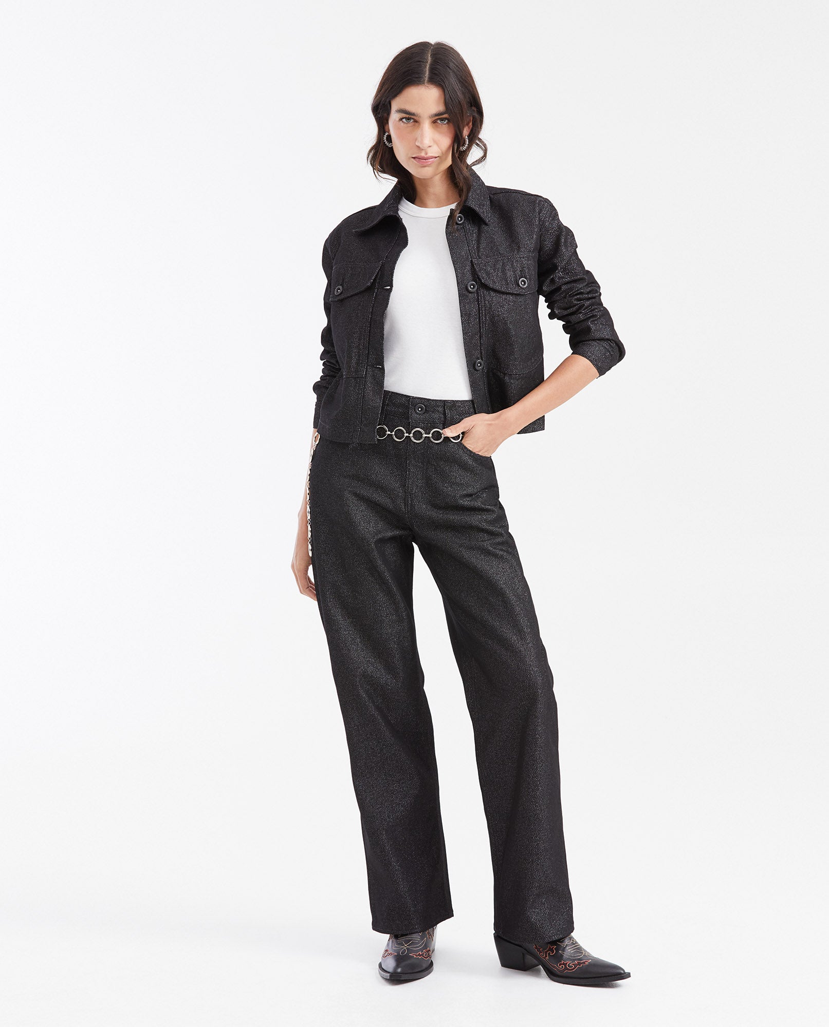 Women's Straight Fit Super High Rise Relaxed Jeans in Black with Lurex Threads - 2