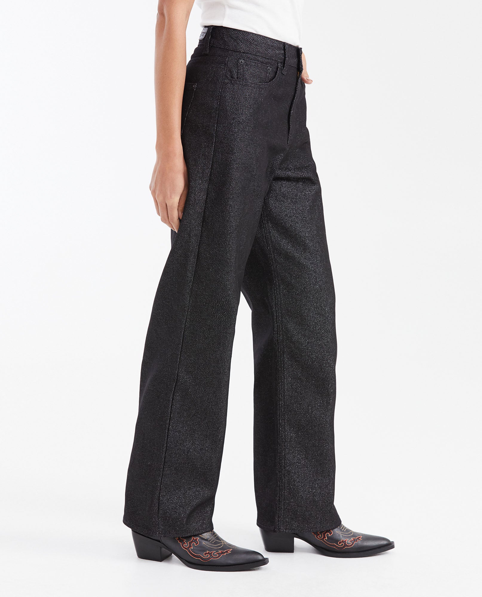 Women's Straight Fit Super High Rise Relaxed Jeans in Black with Lurex Threads - 5