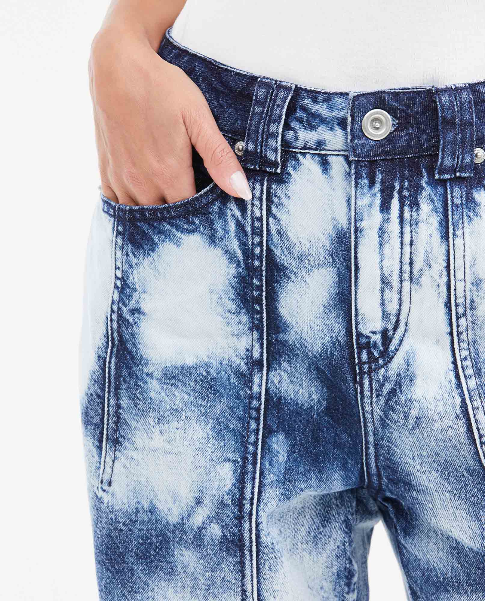 Women's Ballon Leg High Rise Boot Cut Jeans in Dark Wash with Watercolor Effect 432G029 - 2