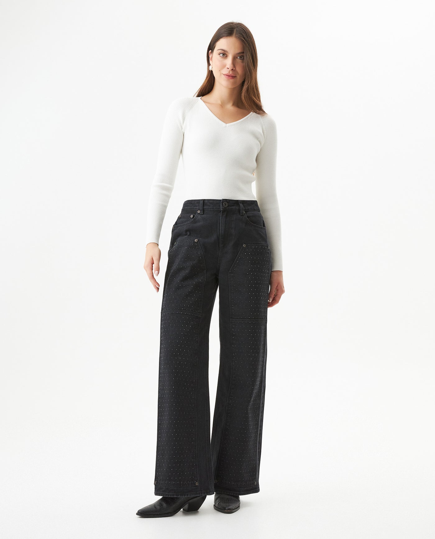 Women's Special Fit Wide Leg High Rise Black Wash Jeans in Cotton-Viscose Blend, Ceremony 439G031 - 3