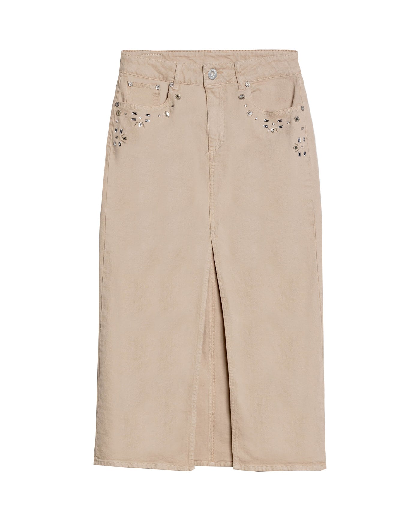 Womens Skirt Midi Denim Cotton–Elastane Classic Construction Rhinestone Front Pockets Leather Badge Versatile - Raw 63_441H000_CRU130000_3