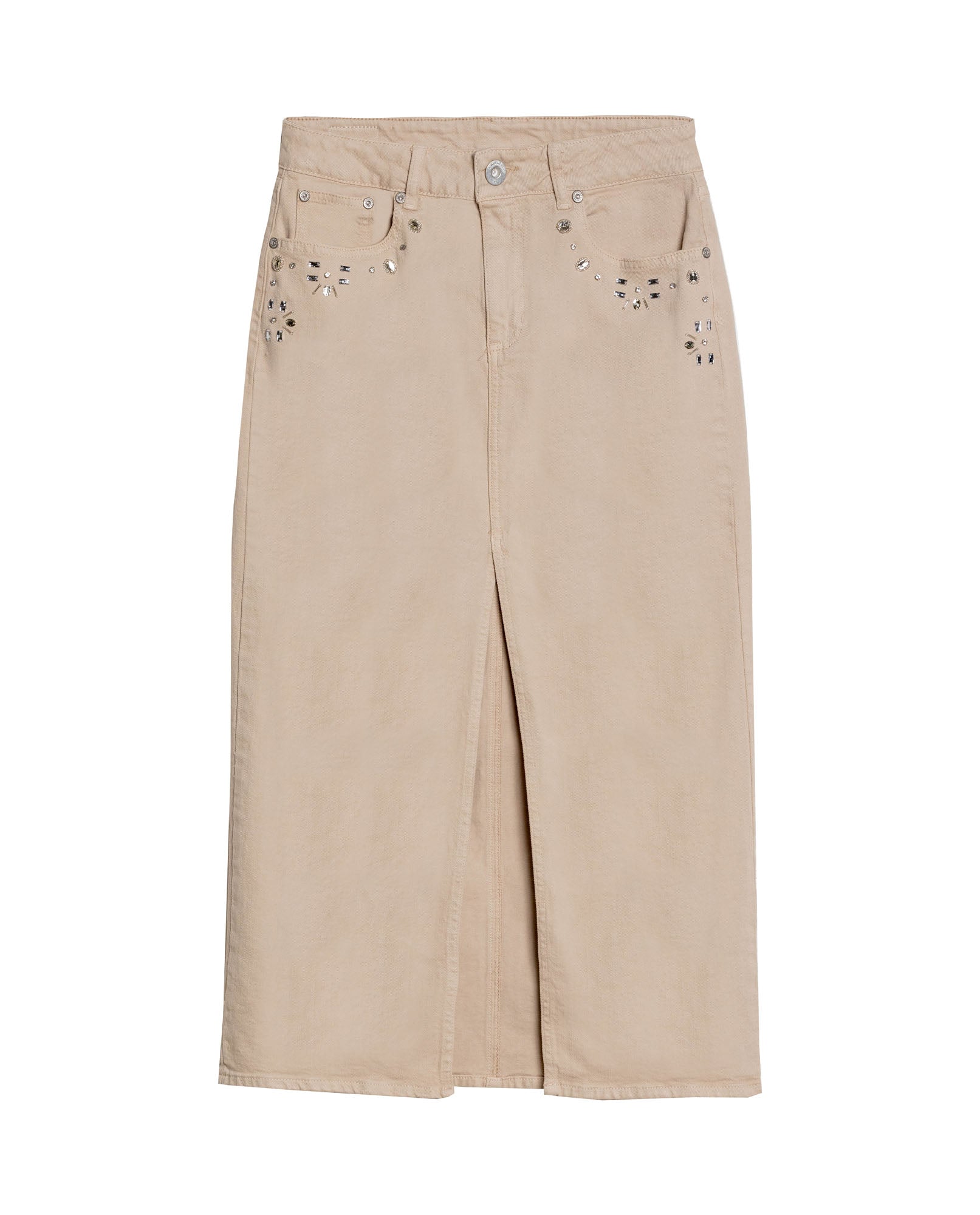 Womens Skirt Midi Denim Cotton–Elastane Classic Construction Rhinestone Front Pockets Leather Badge Versatile - Raw 63_441H000_CRU130000_3