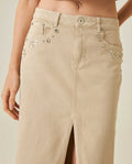 Womens Skirt Midi Denim Cotton–Elastane Classic Construction Rhinestone Front Pockets Leather Badge Versatile - Raw 63_441H000_CRU130000_5