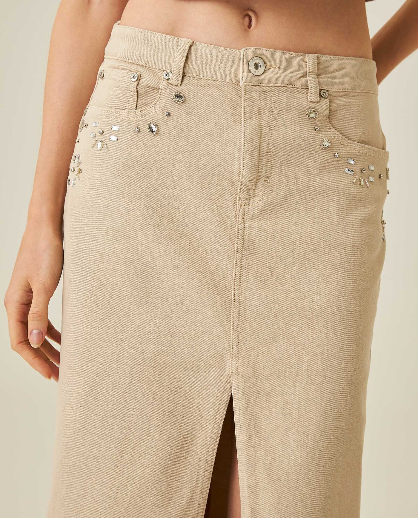 Womens Skirt Midi Denim Cotton–Elastane Classic Construction Rhinestone Front Pockets Leather Badge Versatile - Raw 63_441H000_CRU130000_5