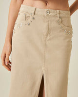 Womens Skirt Midi Denim Cotton–Elastane Classic Construction Rhinestone Front Pockets Leather Badge Versatile - Raw 63_441H000_CRU130000_5