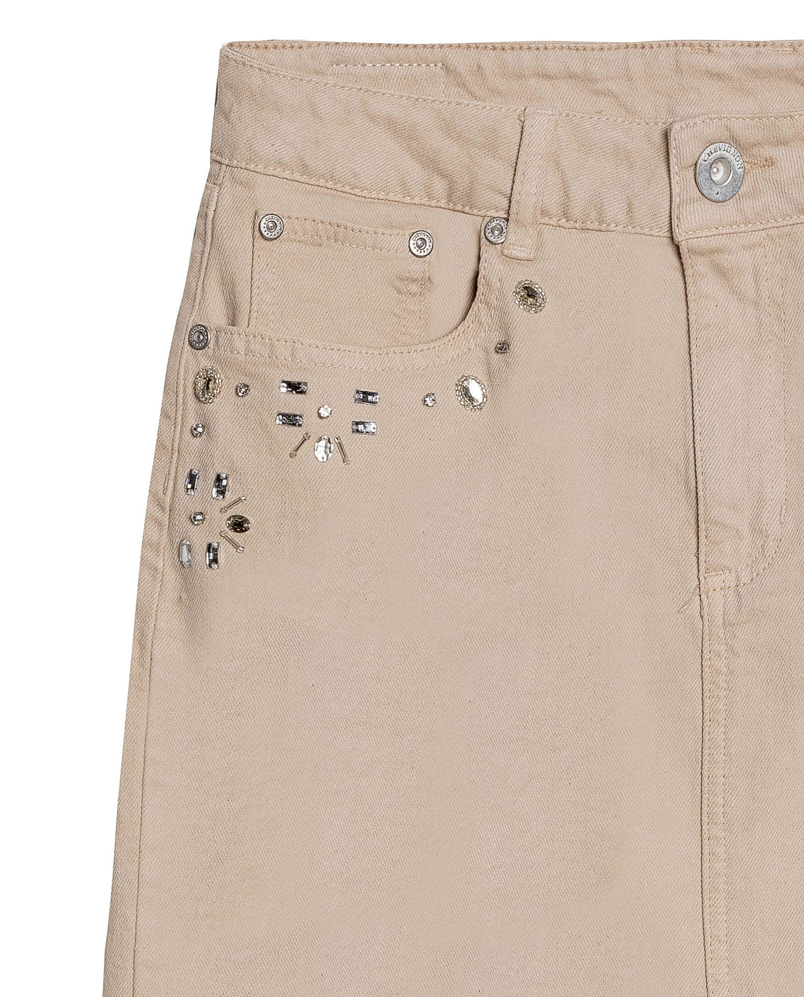 Womens Skirt Midi Denim Cotton–Elastane Classic Construction Rhinestone Front Pockets Leather Badge Versatile - Raw 63_441H000_CRU130000_8