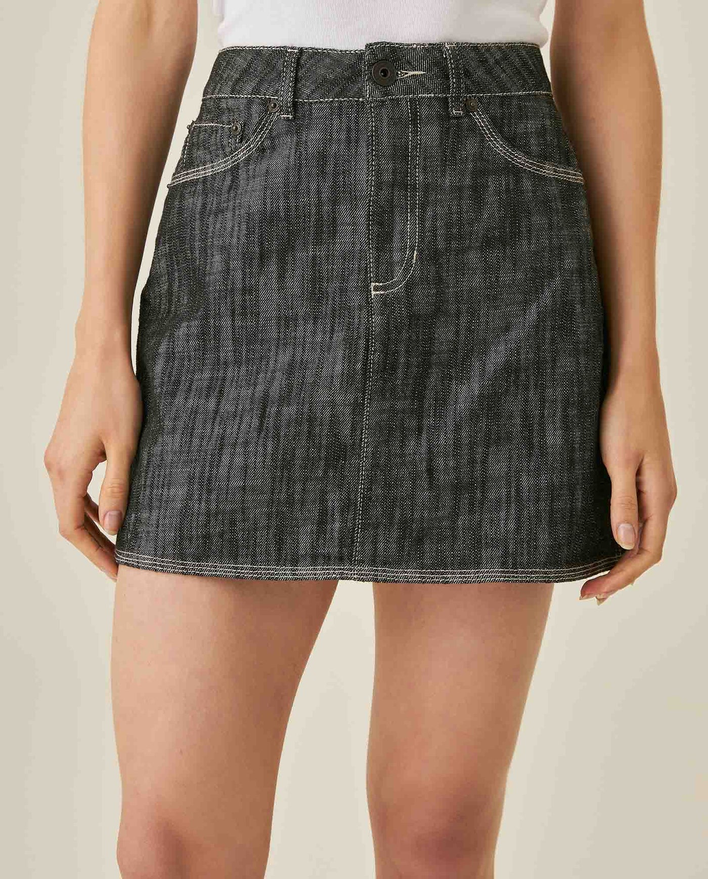 Womens Skirt Denim Cotton Non-Stretch Gray Wash Heavy Distressing Set Leather Badge 3-Needle Construction - Gray 63_441H001_GRI194305_0
