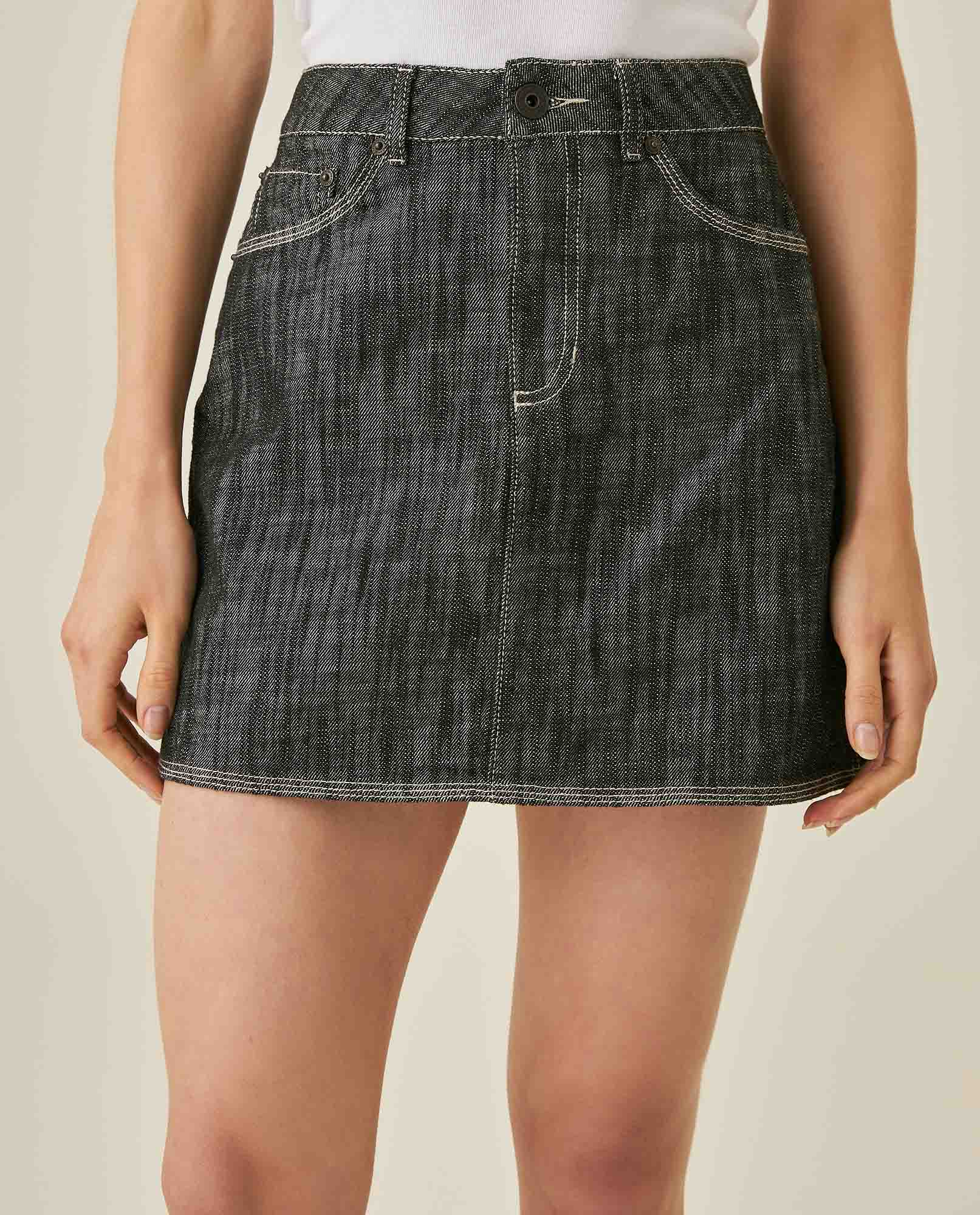 Womens Skirt Denim Cotton Non-Stretch Gray Wash Heavy Distressing Set Leather Badge 3-Needle Construction - Gray 63_441H001_GRI194305_0