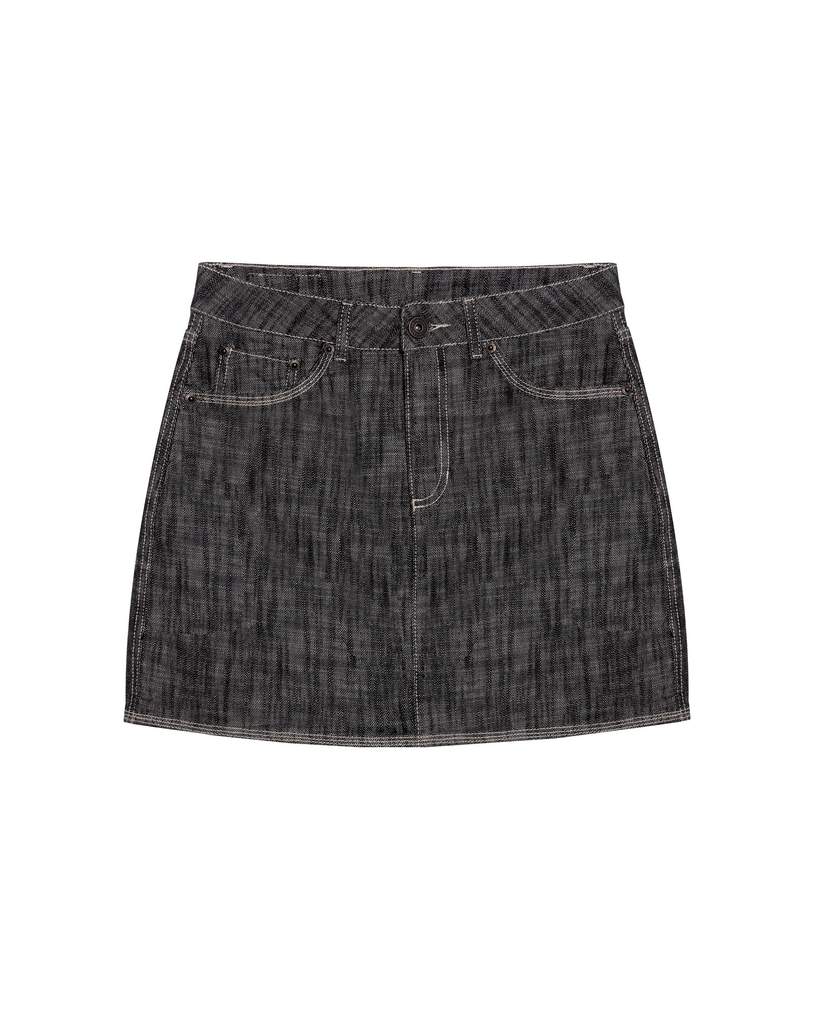 Womens Skirt Denim Cotton Non-Stretch Gray Wash Heavy Distressing Set Leather Badge 3-Needle Construction - Gray 63_441H001_GRI194305_3